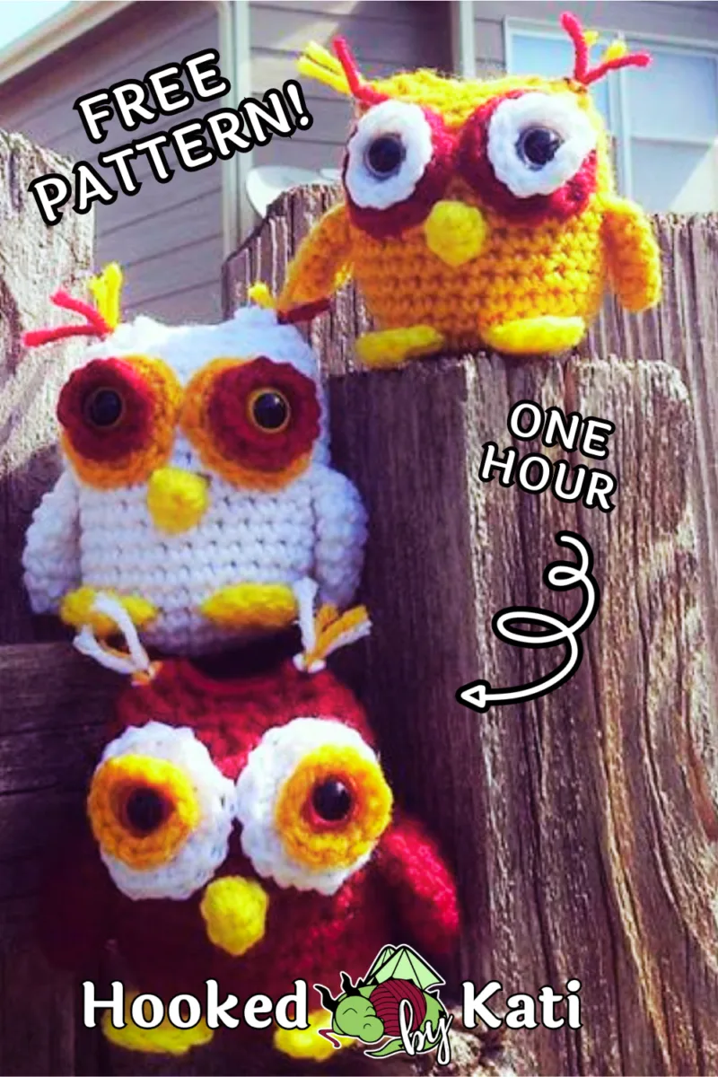3 crochet owl amigurumi sitting on a fence