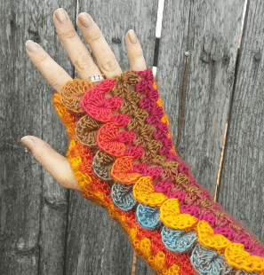 Dragon scale striped mitts in Happily Hooked Magazine Southwest Sunset issue