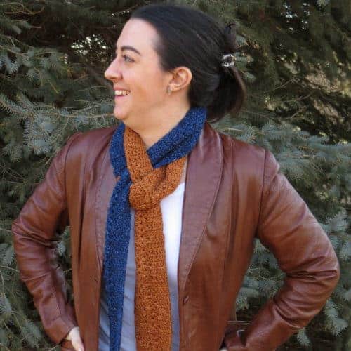 denim duet scarf free crochet pattern @ joy of motion crochet by Hooked by Kati guest blogger