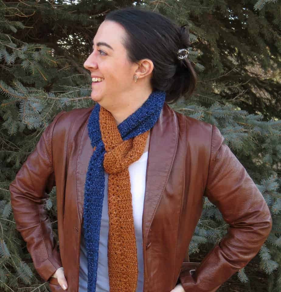 denim duet scarf free crochet pattern @ joy of motion crochet by Hooked by Kati guest blogger