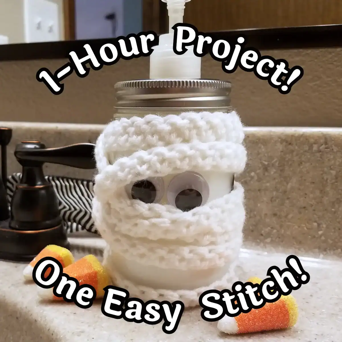 mason jar wrapped in foundation double crochet to make a Halloween mummy project