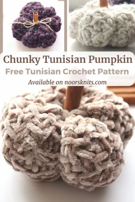 Chunky velvet tunisian crochet pumpkins made with bulky yarn and cinnamon sticks