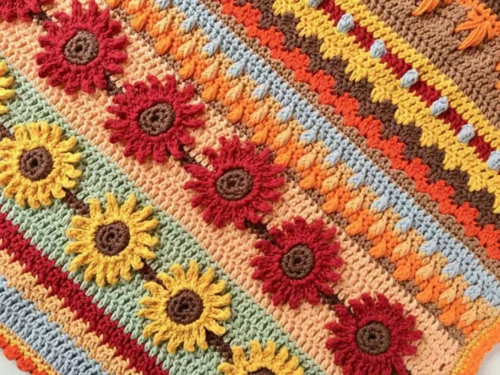 A multicolored crochet blanket with fall flowers and autumn colors