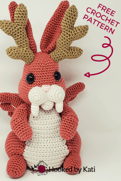Monroe the Wolpertinger rabbit free crochet pattern, an amigurumi from Hooked by Kati
