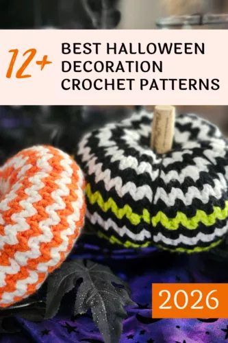 Spooky zig zag crochet pumpkins on black lace with text "12+ Best Halloween Decoration Crochet Patterns"