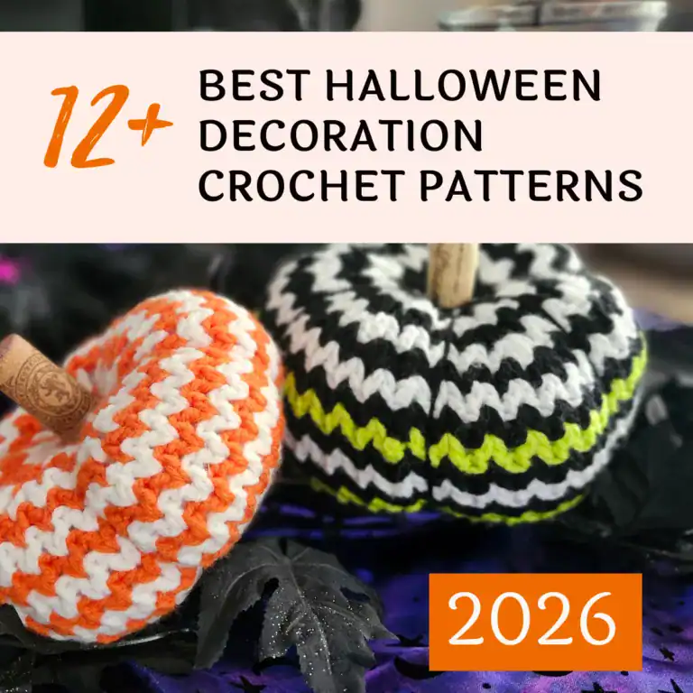 Spooky zig zag crochet pumpkins on black lace with text "12+ Best Halloween Decoration Crochet Patterns"