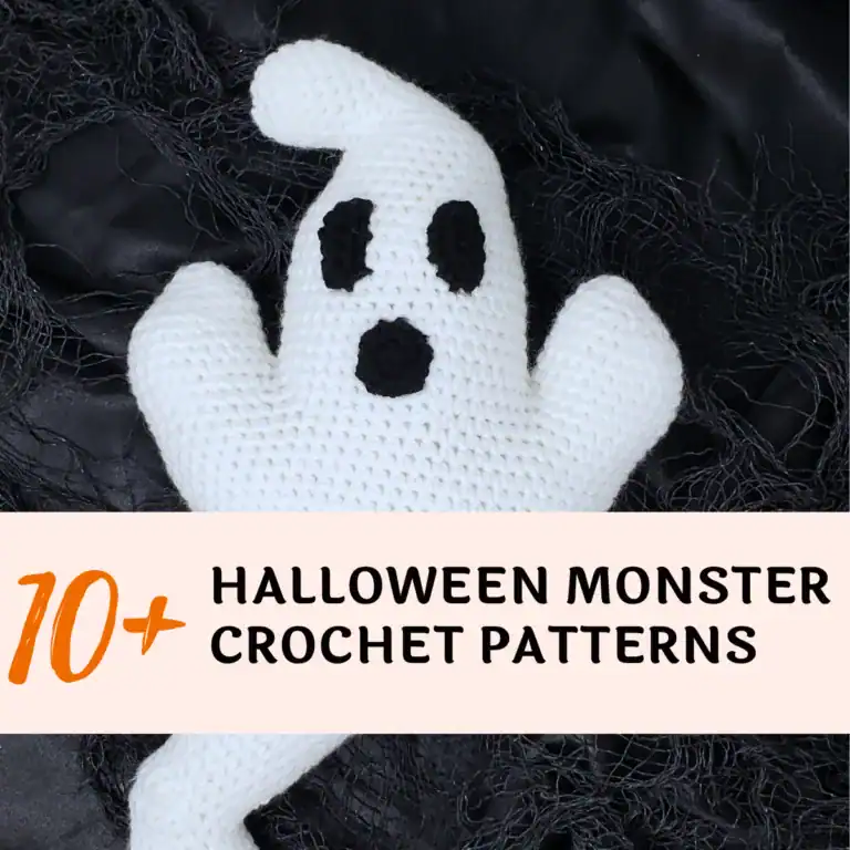 a crochet amigurumi ghost on a black background with text 10+ Halloween Monster Crochet Patterns