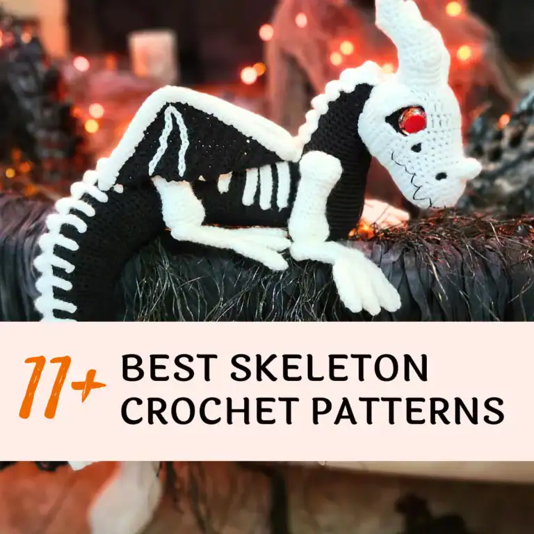 crochet skeleton dragon on spooky black background, text reads "11+ best skeleton crochet patterns"