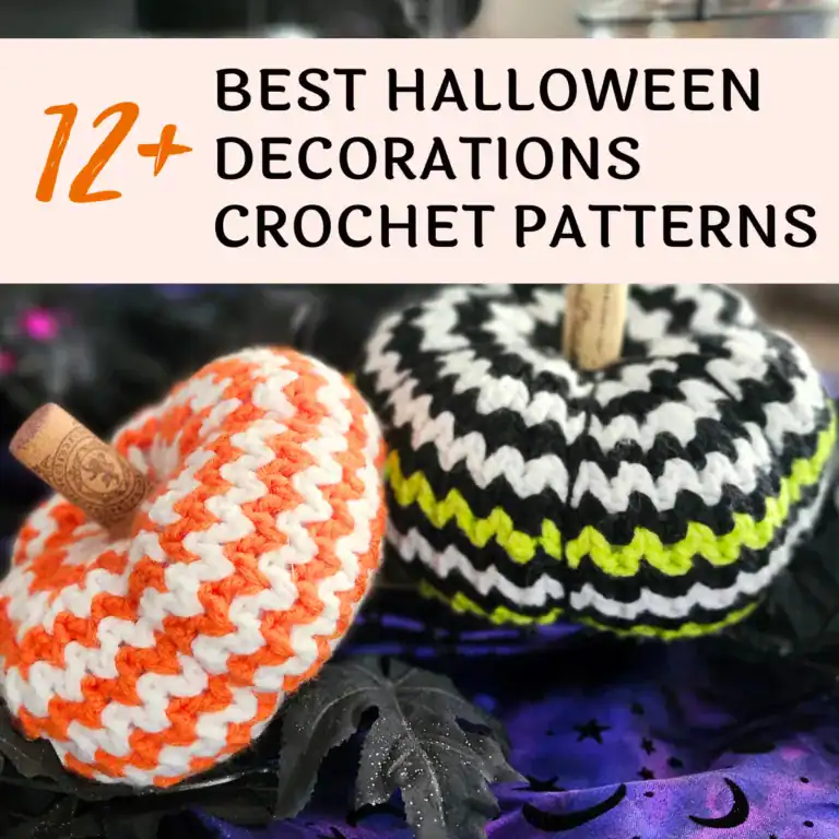Spooky zig zag crochet pumpkins on black lace with text "12+ Best Halloween Decoration Crochet Patterns"