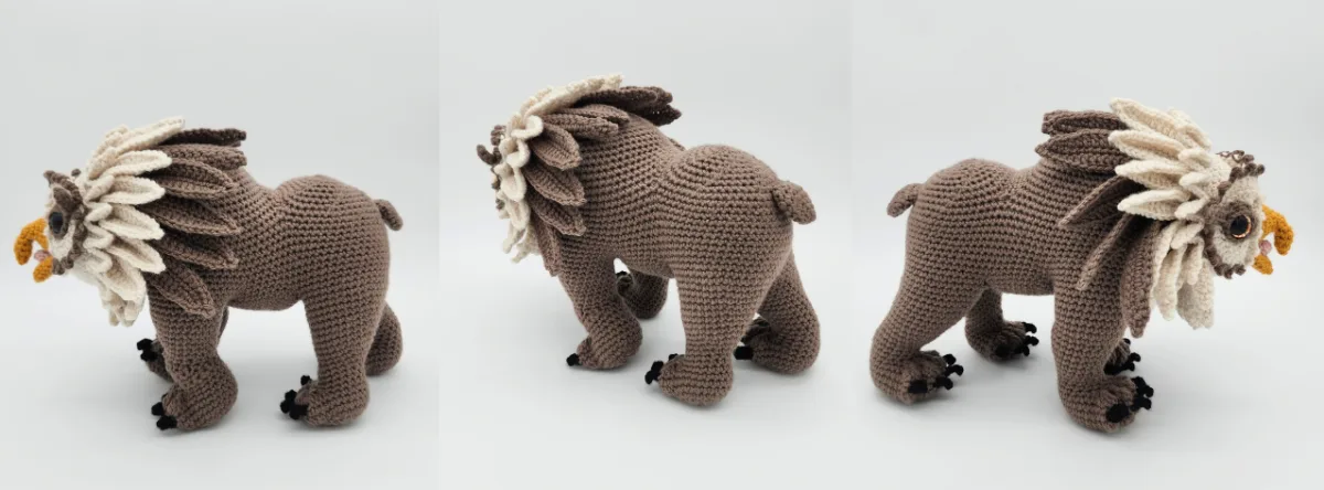 A crochet owlbear amigurumi at three angles to show the four different legs so it is posed to walk