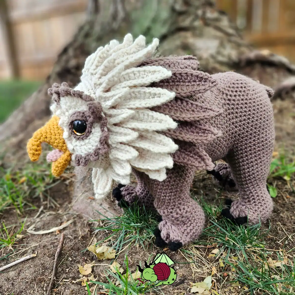 crochet owl bear amigurumi plush, big bear claws walking through a forest, beak open, tongue out.